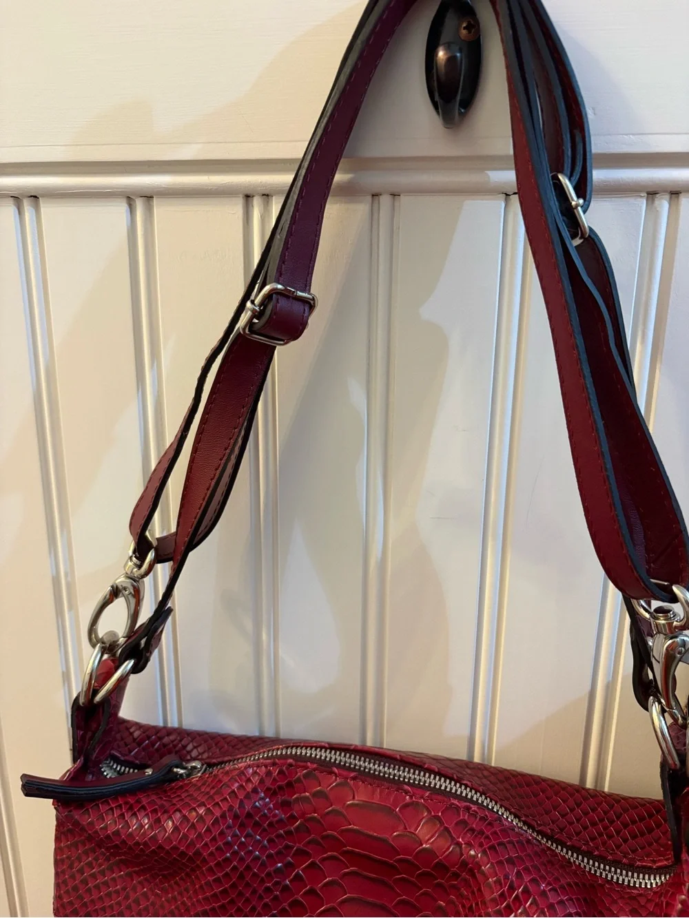 Gianni Conti Red Leather Snake-Embossed Italian Adjustable Backpack/Crossbody